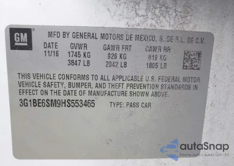 2017 Chevrolet Cruze Lt Auto z USA, uszkodzony, nr VIN 3G1BE6SM9HS553465